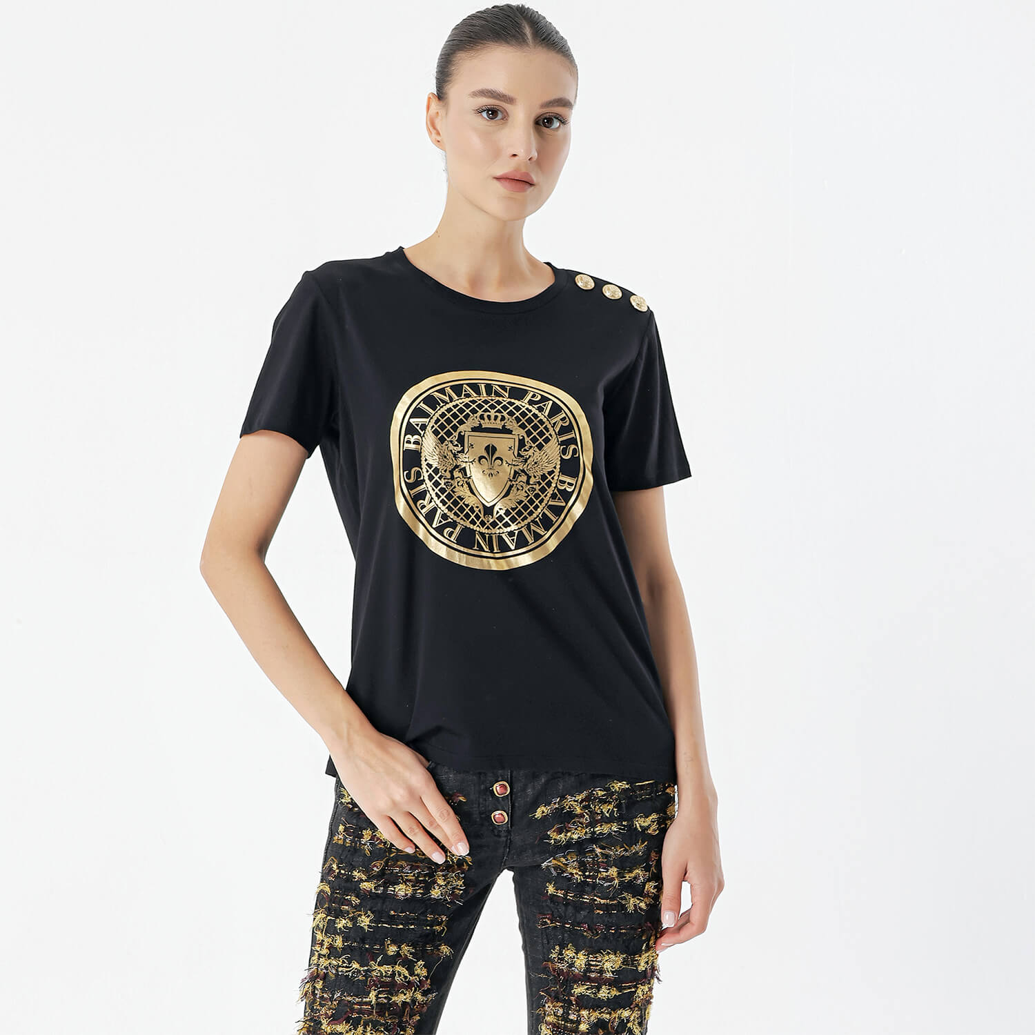 Balmain - Black Cotton Gold Coin Foiled Print With Shoulder Button T-shirt